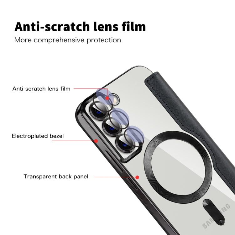 For Samsung Galaxy S22+ 5G MagSafe Magnetic RFID Anti-theft Leather Case in black, showcasing its sleek design and RFID protection features.